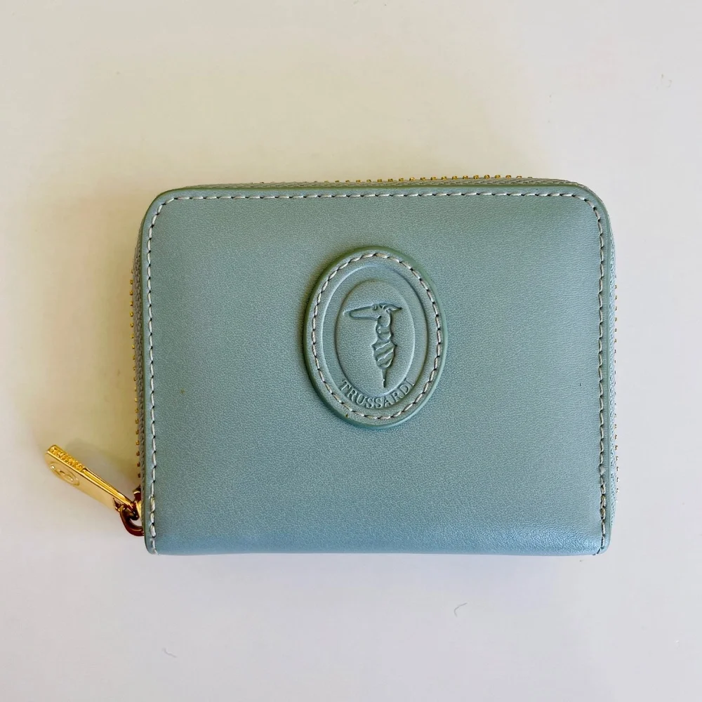 Trussardi Greyhound Logo Light Blue Leather Compact Zip Wallet with Box - Picture 5 of 15